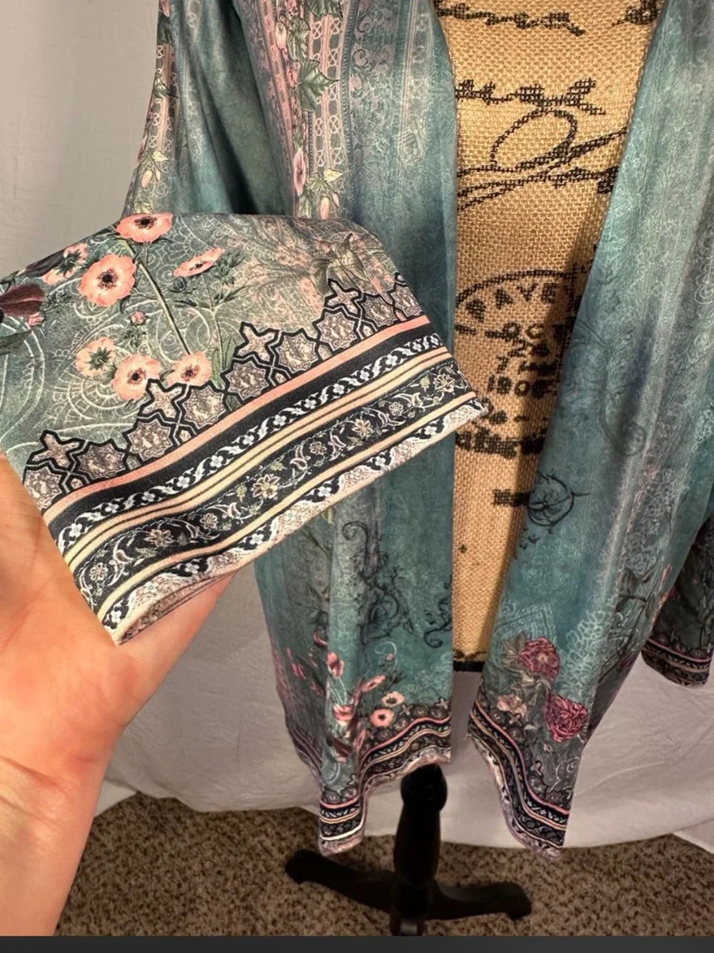 Boho Floral Open Front Kimono Cardigan XXL Teal Lightweight Duster Casual